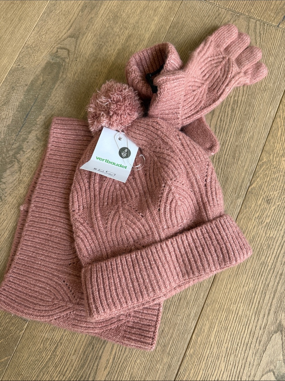 Kids Pink Knit Pom Beanie, Scarf & Mittens Set